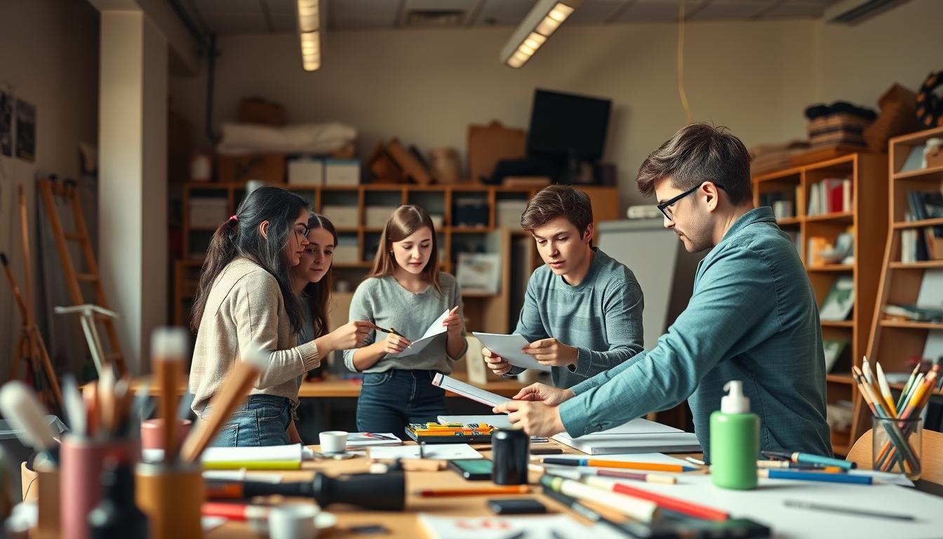 Students studying together in modern classroom